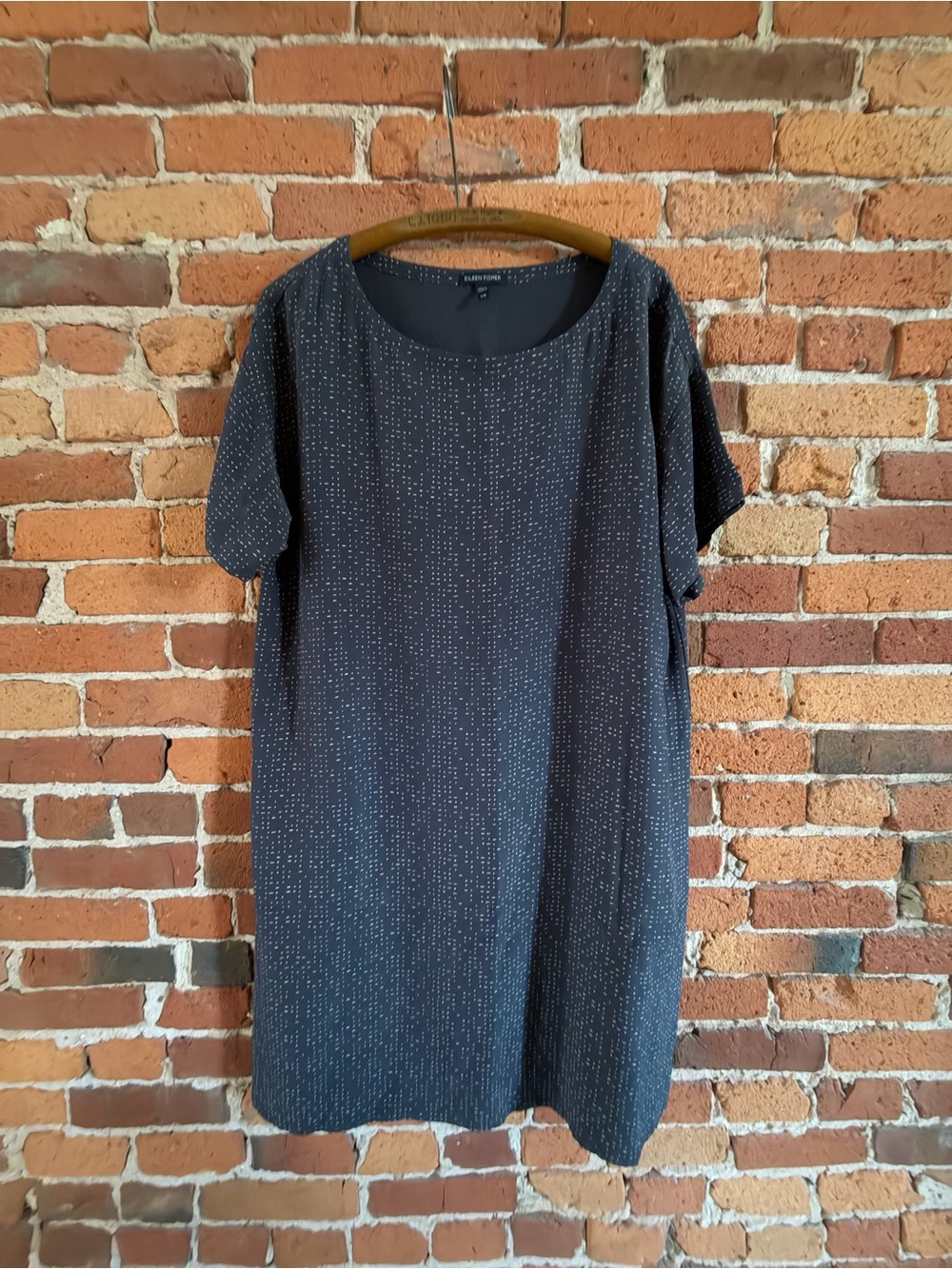 Eileen Fisher Morse Code Shift Dress Graphite Grey Tencel Blend L/G